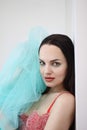 girl in a red bra with bright tulle and red lipstick Royalty Free Stock Photo