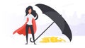 Girl with a red cloak. The umbrella covers a mountain of gold coins. Business and finance safety concept. Vector