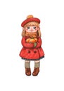 Girl in red coat and barret with halloween pumpkin Royalty Free Stock Photo