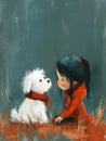 A girl in red coat with her white dog playing happily Royalty Free Stock Photo