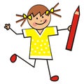 Girl and red,crayon, happy kid, vector illustration Royalty Free Stock Photo