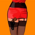 Girl in red dress with a gun in stockings. Vector illustration