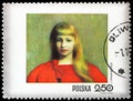 Girl in a Red Dress, by Jozef Pankiewicz 1866-1940, Stamp Day 1971 - Woman in Polish Paintings serie, circa 1971