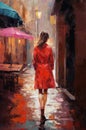 Girl with red dress, light crimson painting