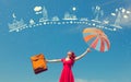 Girl in red dress with suitcase and umbrella Royalty Free Stock Photo