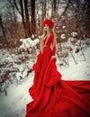 Girl in red dress in winter forest