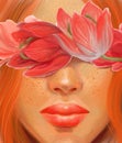 Girl with red hair and flowers tulips on a wedding theme in the style of oil painting