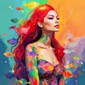 Colorful Speedpainting Of A Girl With Red Hair And Fish
