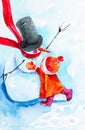 A girl in a red hat and a red coat hugs a snowman in the Christmas forest. Festive watercolor illustration Royalty Free Stock Photo