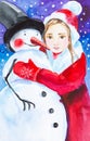 A girl in a red hat and a red coat hugs a snowman in the Christmas forest. Festive watercolor illustration Royalty Free Stock Photo