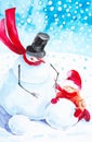 A girl in a red hat and a red coat rolls a new snowman out of the snow and a big snowman helps her. Festive watercolor Royalty Free Stock Photo