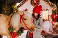 A girl in a red hat strokes a red horse in a Christmas wreath Royalty Free Stock Photo