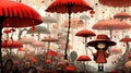 A girl in a red hat and red umbrella stands under a mushroom forest, AI