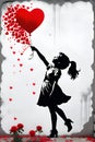 A girl with a red heart-shaped balloon, in a love scene, romantic athmosphere, falling rose flower petals, love sign, banksy art,