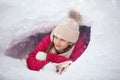 A large labrador dog and a cat in winter on a walk with a young woman in a snowy field Royalty Free Stock Photo