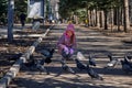 Girl in a red jacket, hat and glasses chasing pigeons in the park. Royalty Free Stock Photo