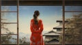 Girl in red kimono on background of Japanese landscape. Generative AI Royalty Free Stock Photo