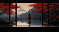 Girl in red kimono on background of Japanese landscape. Generative AI Royalty Free Stock Photo