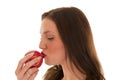 Girl red lips kissing apple