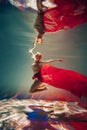 Girl with red material and light underwear, in a ballet pose underwater in the pool Royalty Free Stock Photo