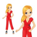 Girl In Red Pantsuit And Big Sneakers Royalty Free Stock Photo