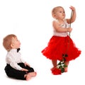 Girl red skirt dance rose and boy gentleman love, Valentine's D Royalty Free Stock Photo