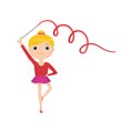 Girl in red suit with gymnastic ribbon isolated against white background