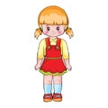 a girl in a red sundress stands at attention, cartoon illustration, isolated object on white color, vector illustration