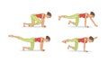 Pilates, swings and ups. Girl in a red T-shirt and light green shorts does exercises on a Pilates program