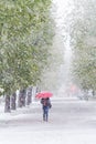 Girl with red umbrella in Snow Storm in April. Royalty Free Stock Photo