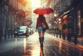 A girl with an red umbrella walks along a wet city street on a rainy day Royalty Free Stock Photo