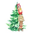 Girl in red winter sweater decorating Christmas and New year spruce tree with Red Topper Bow Royalty Free Stock Photo