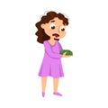 Girl Refuse to Eat Broccoli, Child Hate Vegetables Cartoon Style Vector Illustration