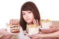 Girl refuse to eat pie. Royalty Free Stock Photo