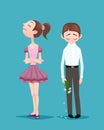 Young woman refused to go on a date with boyfriend. Upset boy standing with bowed head, holding bouquet of broken crumbled flowers