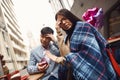 The girl refuses the boy in the marriage proposal. Royalty Free Stock Photo