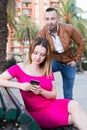 Girl is rejecting stranger man who wants acquintance with her Royalty Free Stock Photo