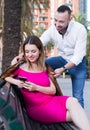 Girl is rejecting stranger man who wants acquintance with her Royalty Free Stock Photo