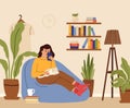 Girl relaxed. Woman home, cat sleep on knee. Young female using smartphone in living room. House garden, domestic plants Royalty Free Stock Photo