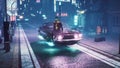 The girl relaxes while sitting on a futuristic car standing on the neon street of the city of the future. View of an
