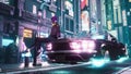 The girl relaxes while sitting on a futuristic car standing on the neon street of the city of the future. View of an