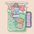 Girl relaxing on the bed. Freelancer with laptop, pizza and cat. Comic style image. Top view Royalty Free Stock Photo