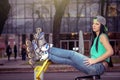 Girl relaxing on gym cycling machine Royalty Free Stock Photo