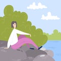 Girl relaxing near urban garden pond vector poster. Green summer town park nature background.