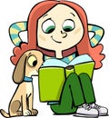 Girl is relaxing reading a book with a dog