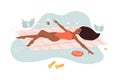 Girl relaxing and sunbathing in grass summer time. Top view of young woman in swimwear. Flat vector illustration.