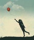 A girl releases a red helium balloon into a colorful sky