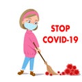 The girl removes the virus with a broom in a medical mask. A blonde in a pink sweater. Stop kovid-19. Vector