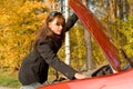 Girl repairs the car motor Royalty Free Stock Photo