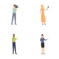 Girl reporter icons set cartoon vector. Journalist with microphone and cameraman